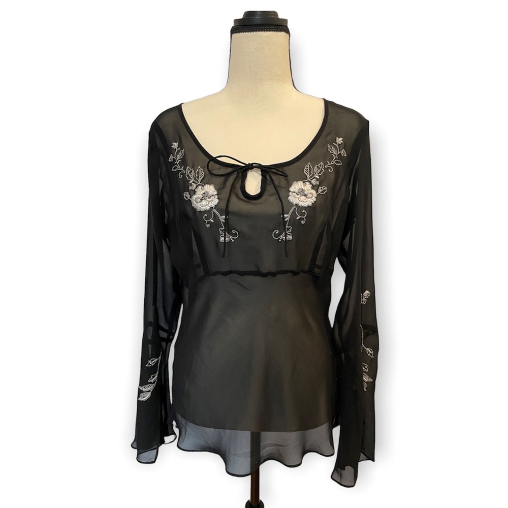 New York & Company Women’s Sheer Embroidered Floral Blouse Top Medium